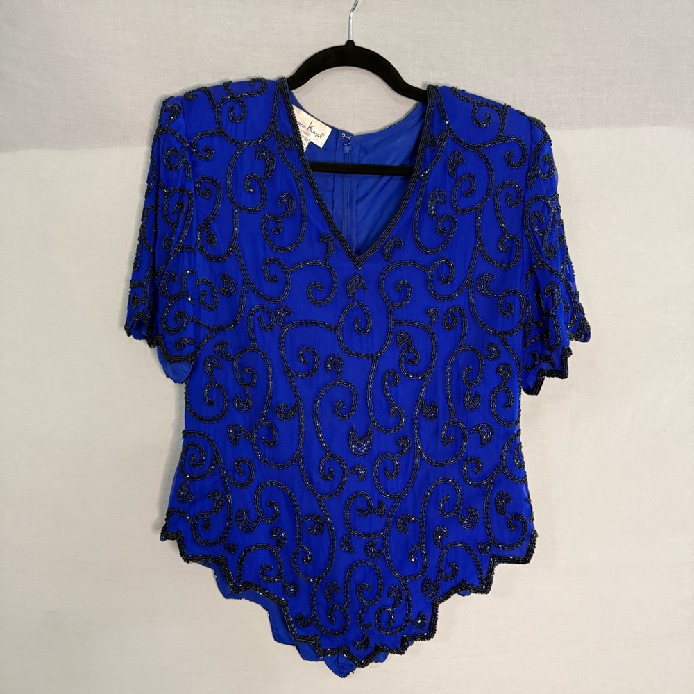 VTG Laurence Kazar Large Blue Black 100% Silk Beaded Sequin‎ Evening Top Glam
